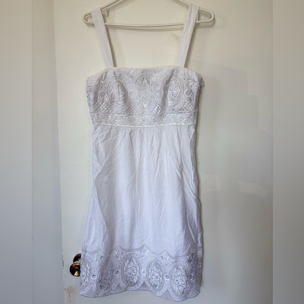 White Embroidered Midi Dress - Sleeveless Strap Detail